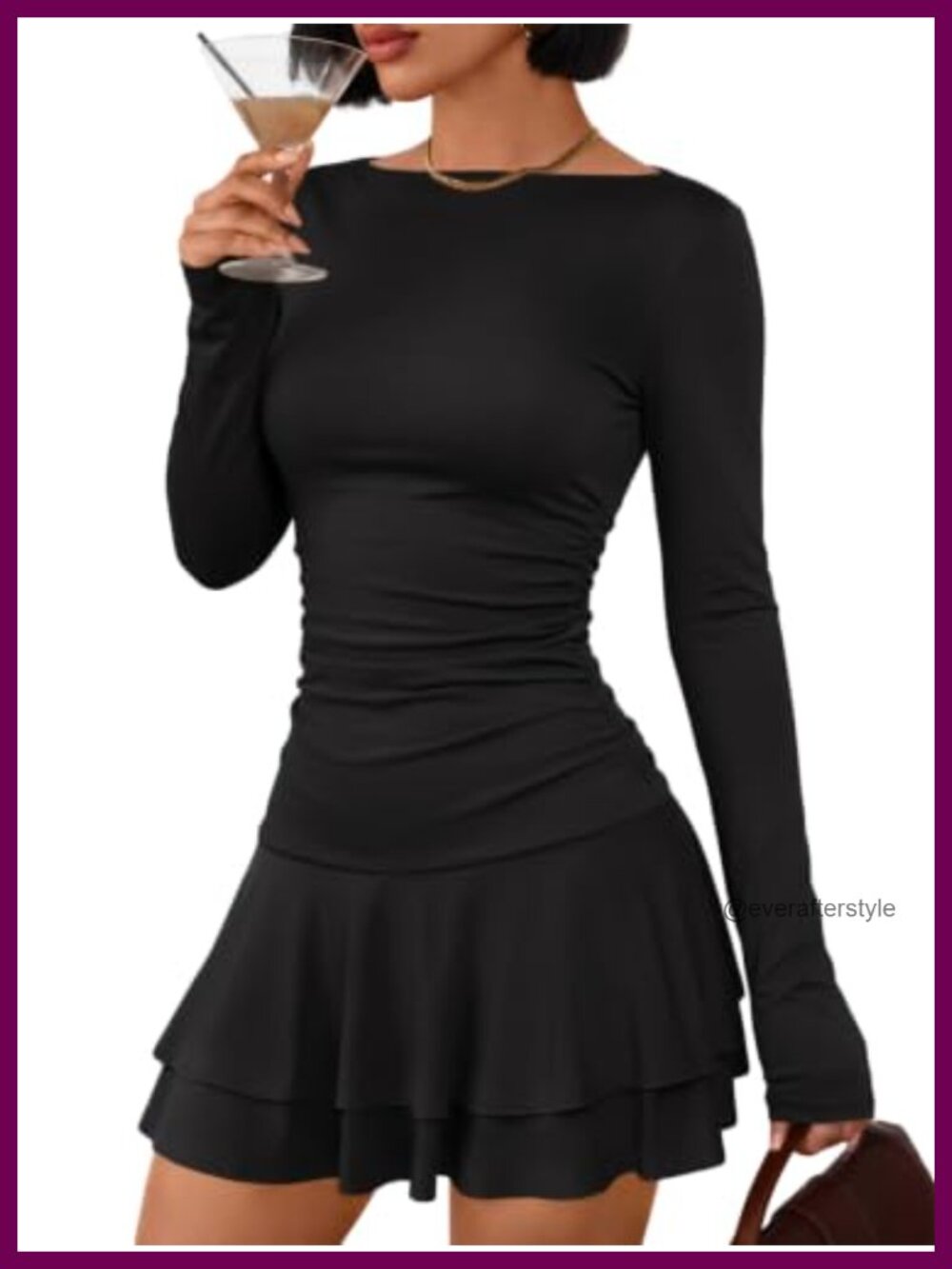 Women Boat Neck Long Sleeve Mini Ruffle Dress Fall Party Outfit